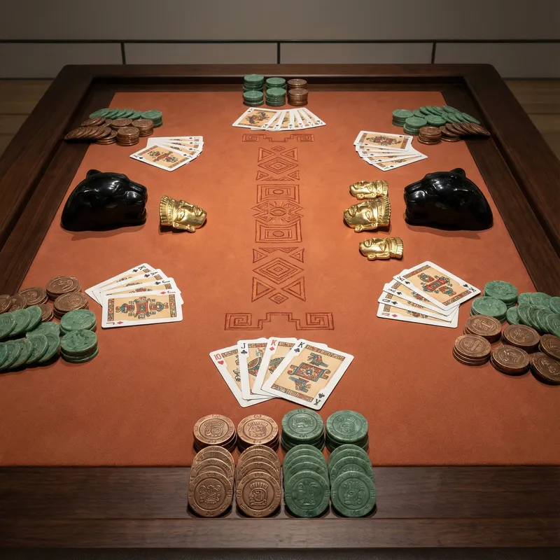 Mesa de bacará con cartas y fichas de bronce inspiradas en arte prehispánico en Twin Lions Casino