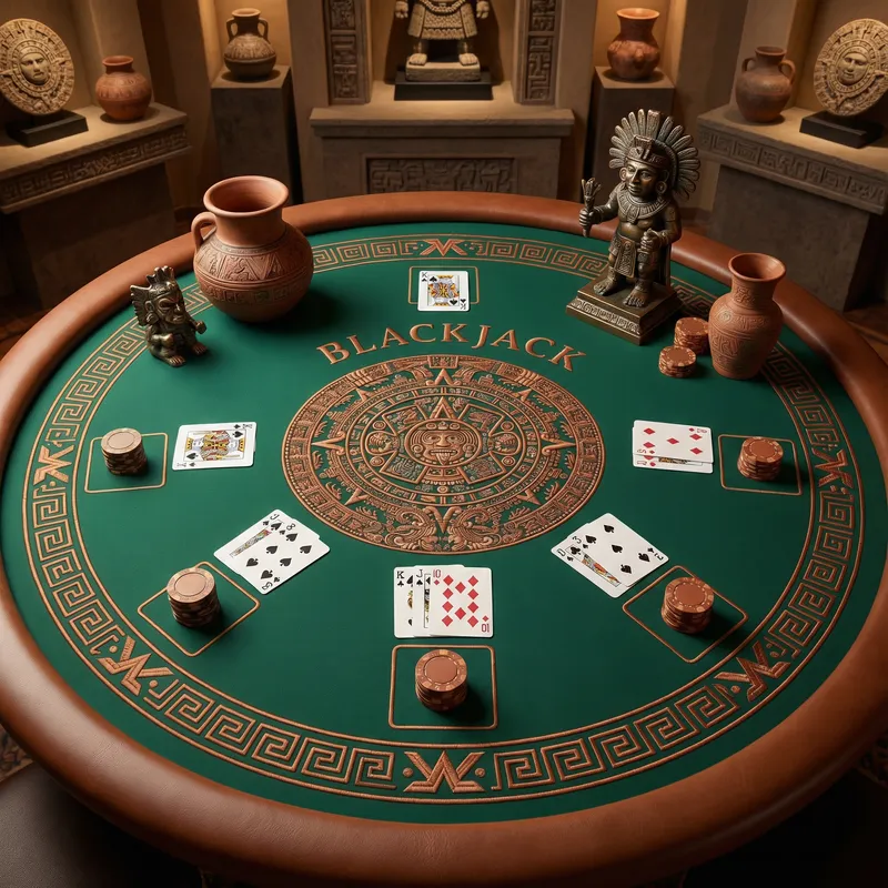 Mesa de blackjack con diseño del calendario azteca en Twin Lions Casino México