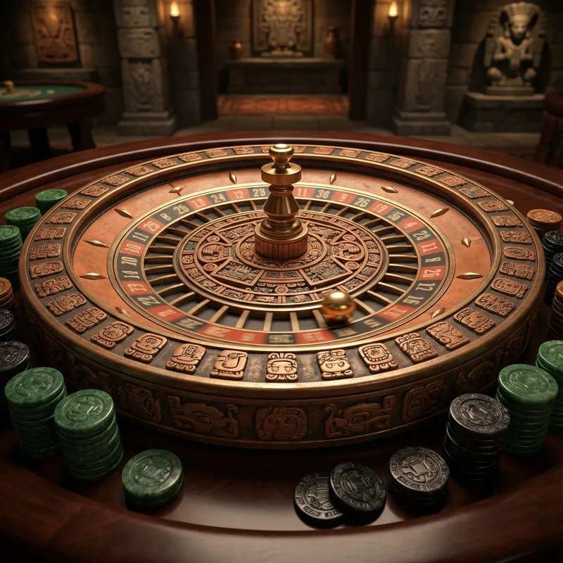 Ruleta europea con decoración mesoamericana y fichas de jade en Twin Lions Casino México