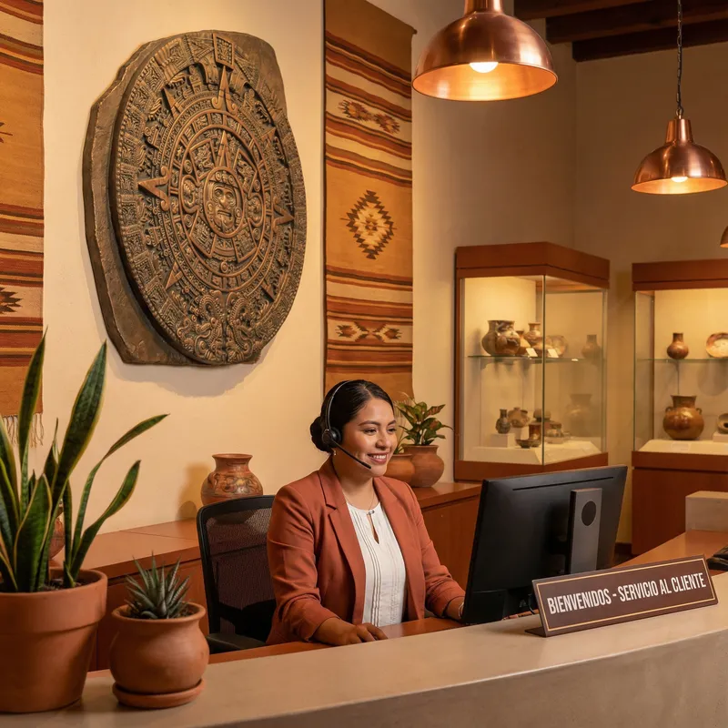 Agente de soporte al cliente de Twin Lions Casino con calendario azteca de fondo